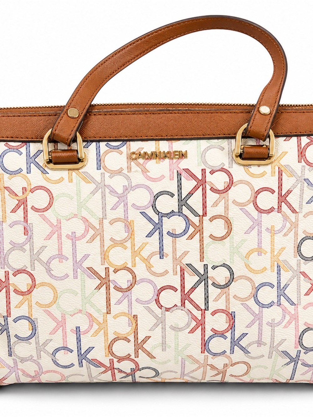 Calvin Klein White Multicolor CK Monogram Satchel Tote Purse